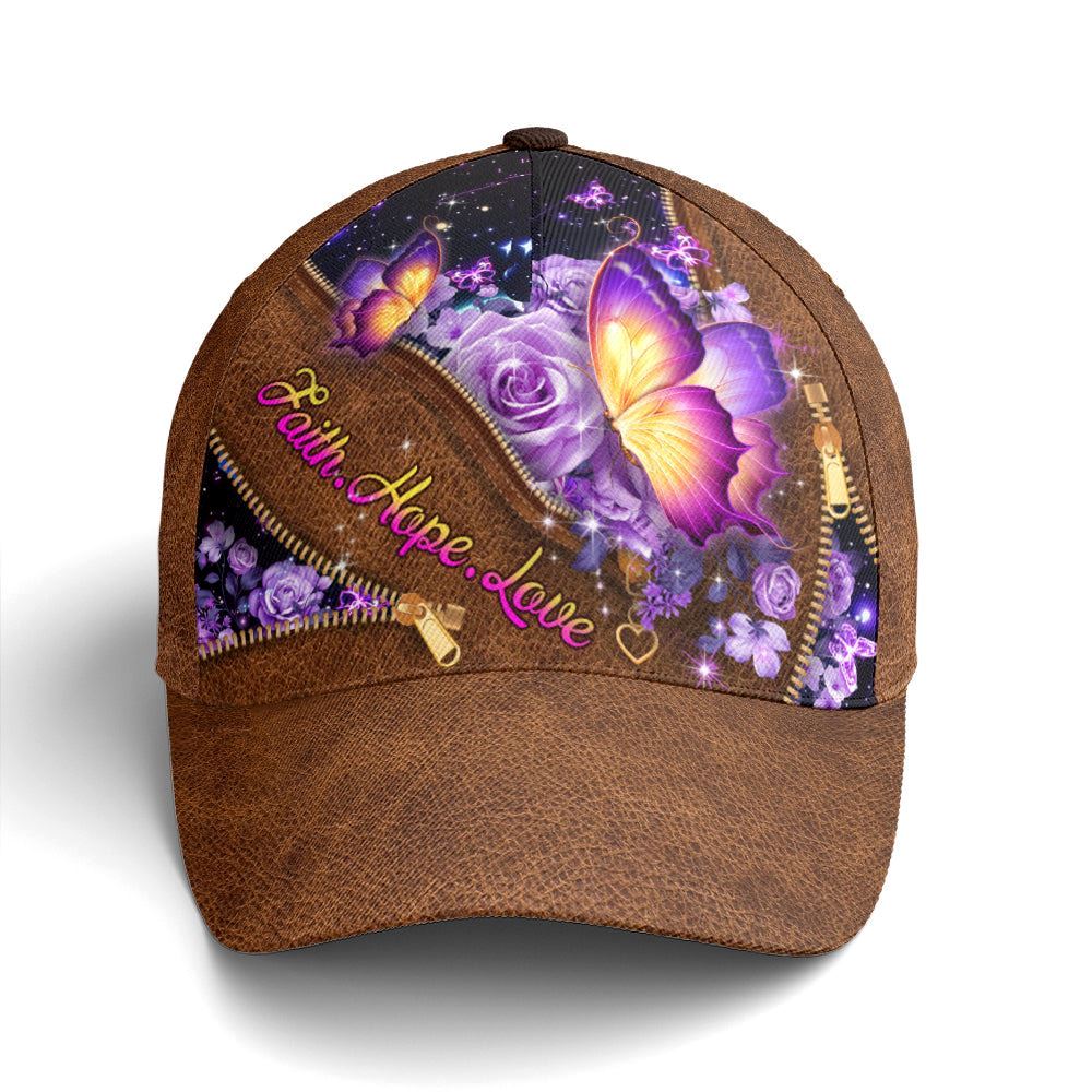 Faith Hope Love Magical Butterfly Purple Roses Leather Style All Over Print Baseball Cap, God Cap, Gift Ideas For Male