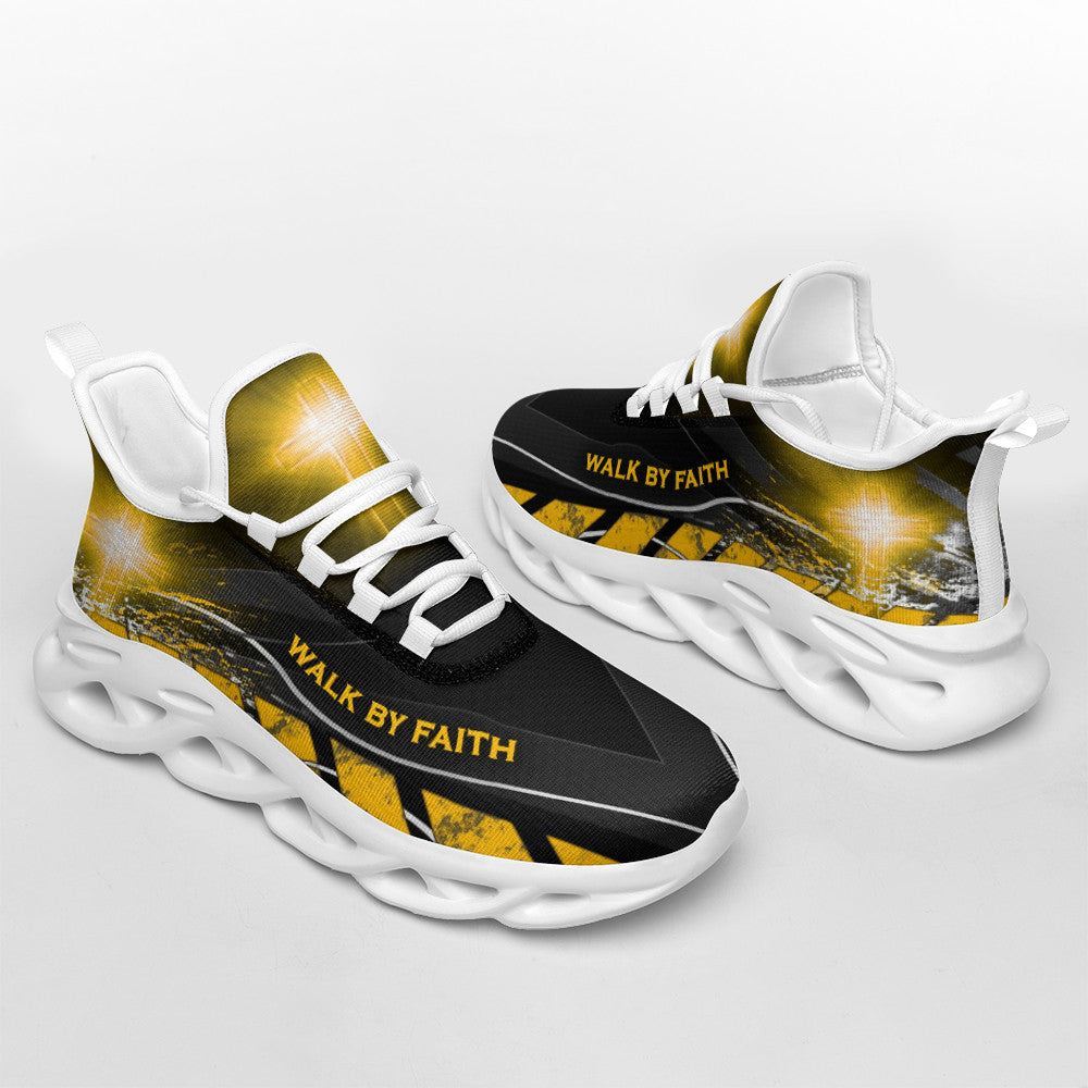 Christian Best Running Shoes, Jesus Walk By Faith Running Sneakers Yellow Max Soul Shoes For Men And Women, Jesus Fashion Shoes