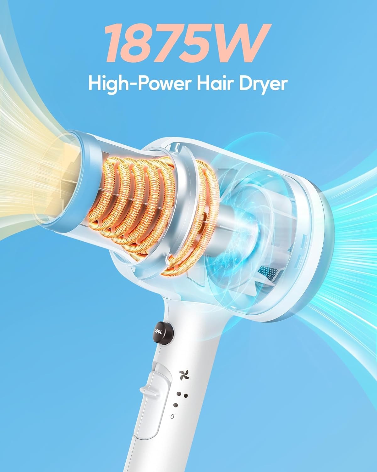 Professional Ionic Hair Dryer Blow Dryer with Diffuser and Concentrator for Curly Hair 1875 Watt Negative Ions Dryer with Ceramic Technology Nozzle for Fast Drying as Salon Light and Quiet