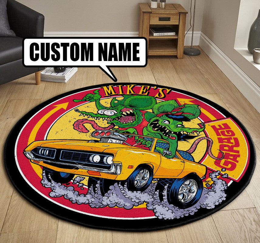 Personalized Hot Rod Garage Garage Decor, Home Bar Decor Speed Shop Round Mat