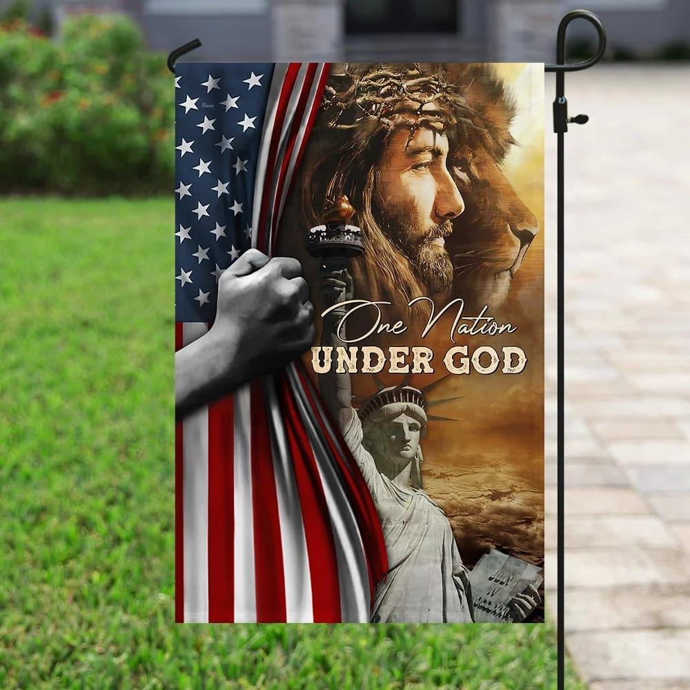 One Nation Under God Jesus Lion American House Flags, Christian Flag, Scripture Flag, Garden Banner