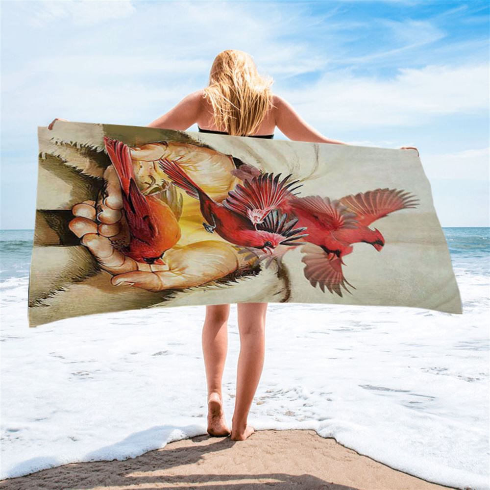 A Cardinal On His Hand Jesus Beach Towel - Christian Beach Towel - Bible Verse Beach Towel