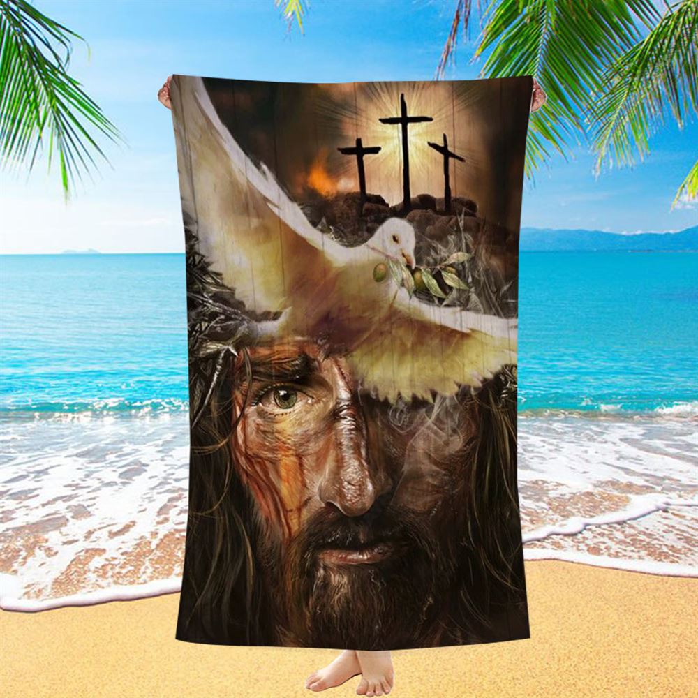 Amazing Dove With Olive Branch, Three Wooden Crosses, Beautiful Jesus Painting Beach Towel, Christian Beach Towel, Christian Gift, Gift For Women