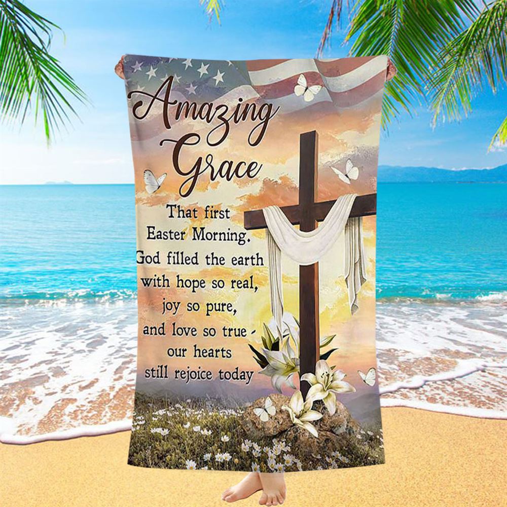 Amazing Grace Beautiful Cross Lily Flower Beach Towel - Bible Verse Beach Towel - Inspirational Art - Christian Beach Towel