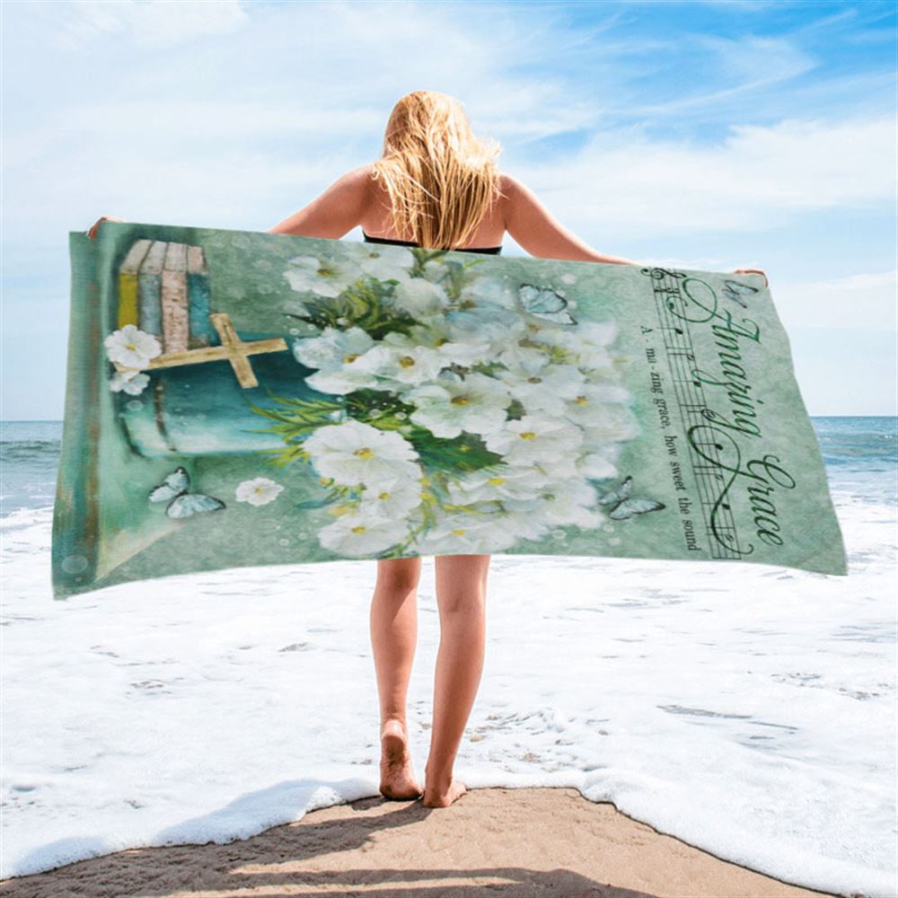 Amazing Grace Flower Cross Book Butterfly Beach Towel - Christian Beach Towel - Religious Beach Towel