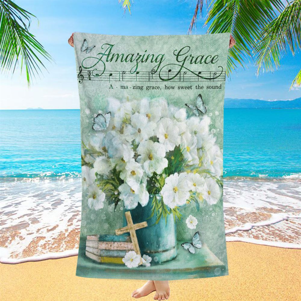 Amazing Grace Flower Cross Book Butterfly Beach Towel - Christian Beach Towel - Religious Beach Towel