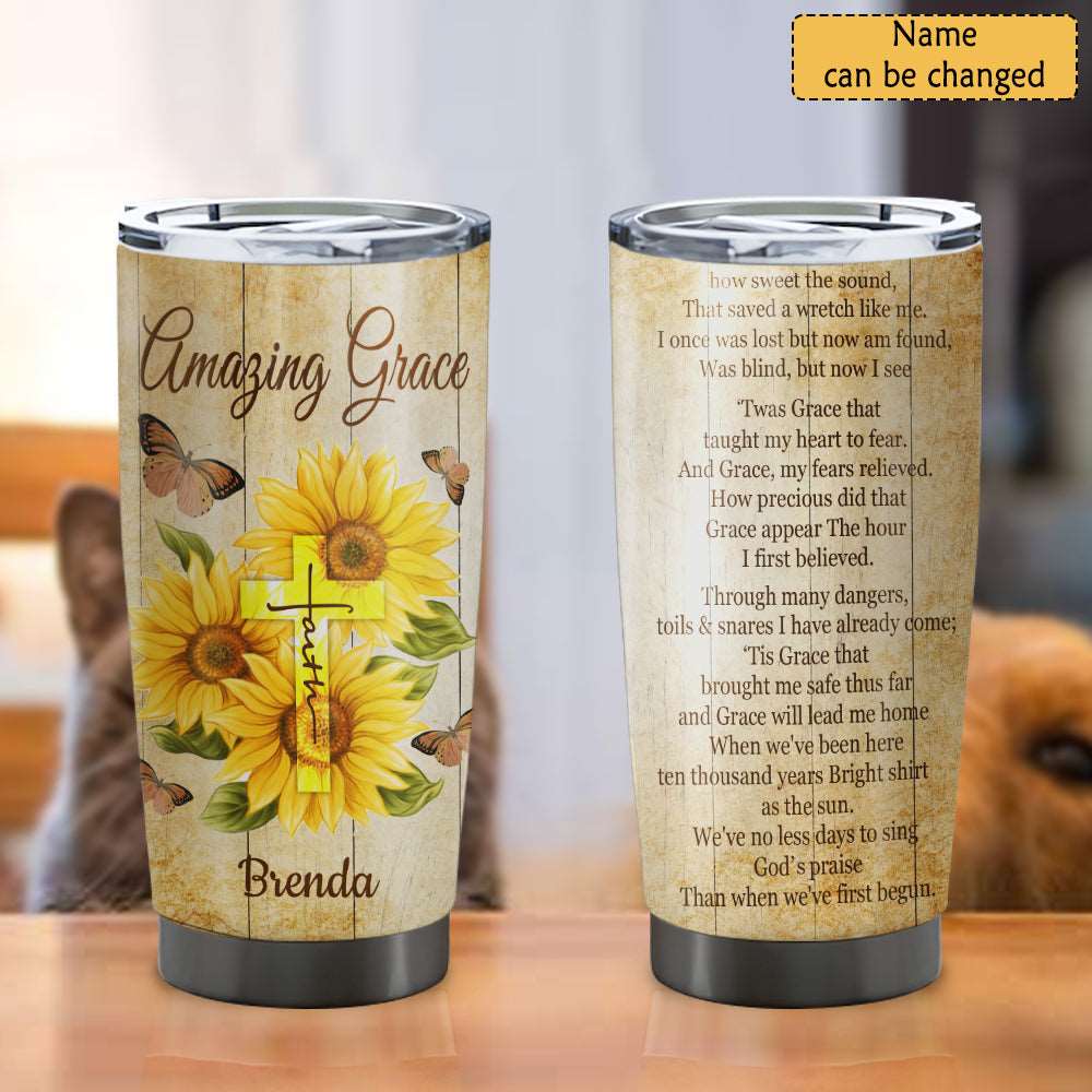 Amazing Grace - Sunflower And Cross - Personalized Tumbler - Stainless Steel Tumbler - 20oz Tumbler - Tumbler For Cold Drinks