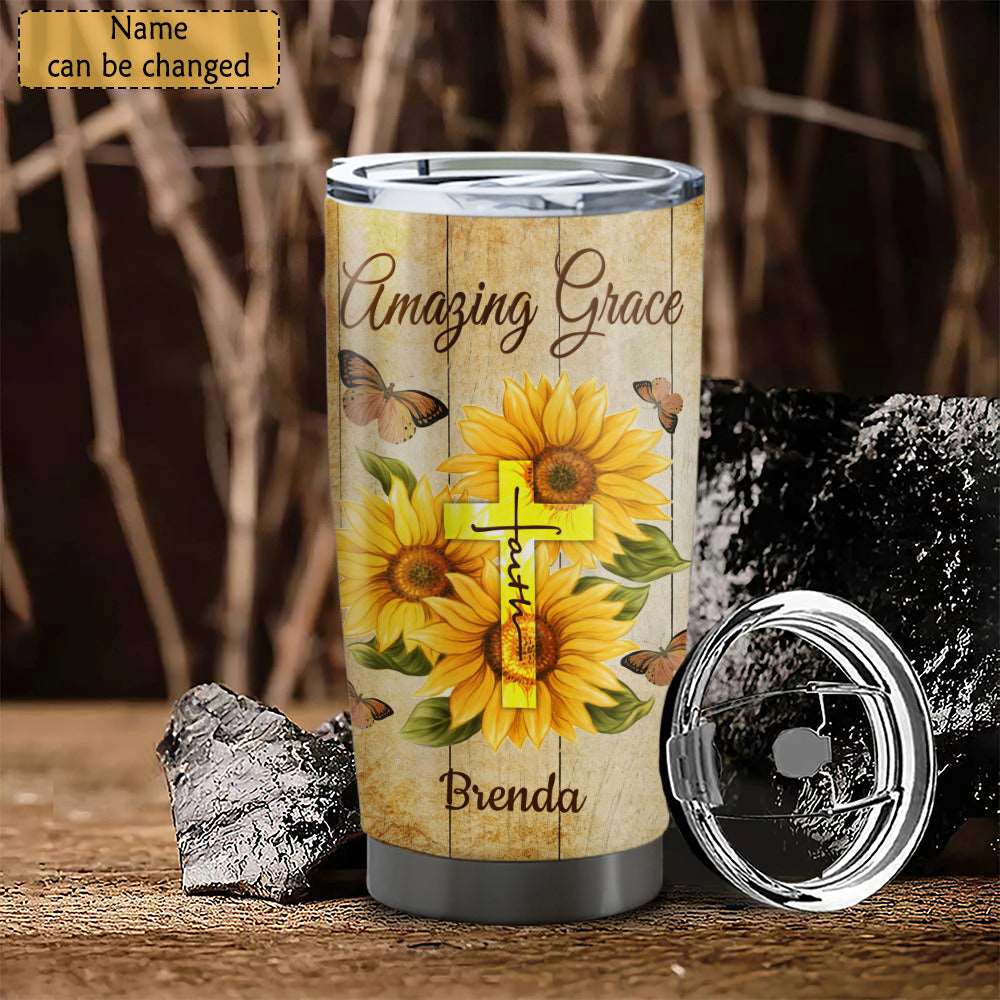 Amazing Grace - Sunflower And Cross - Personalized Tumbler - Stainless Steel Tumbler - 20oz Tumbler - Tumbler For Cold Drinks