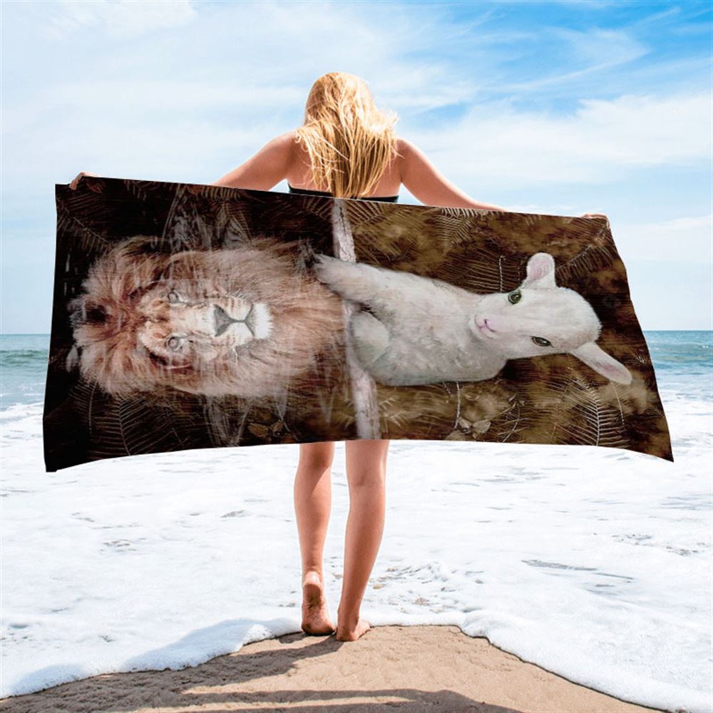 Amazing Lamb, Lion King, Animal Of Jesus Beach Towel, Christian Beach Towel, Christian Gift, Gift For Women