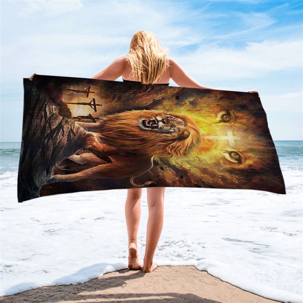 Angry Lion Of Judah Jesus On The Cross Beach Towel - Christian Beach Towel - Bible Verse Beach Towel