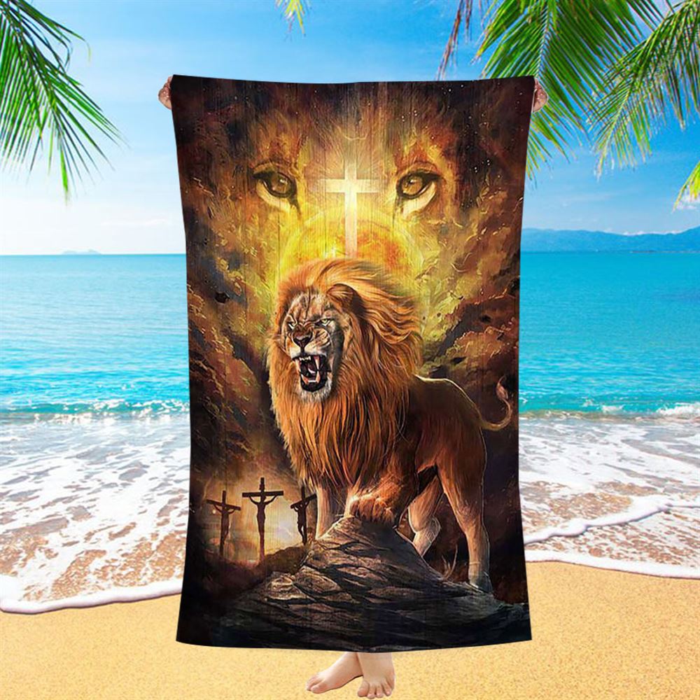 Angry Lion Of Judah Jesus On The Cross Beach Towel - Christian Beach Towel - Bible Verse Beach Towel