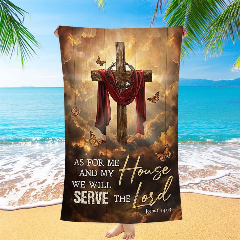 As For Me And My House Big Cross Butterfly Beach Towel - Christian Art - Bible Verse Beach Towel - Religious Beach Towel