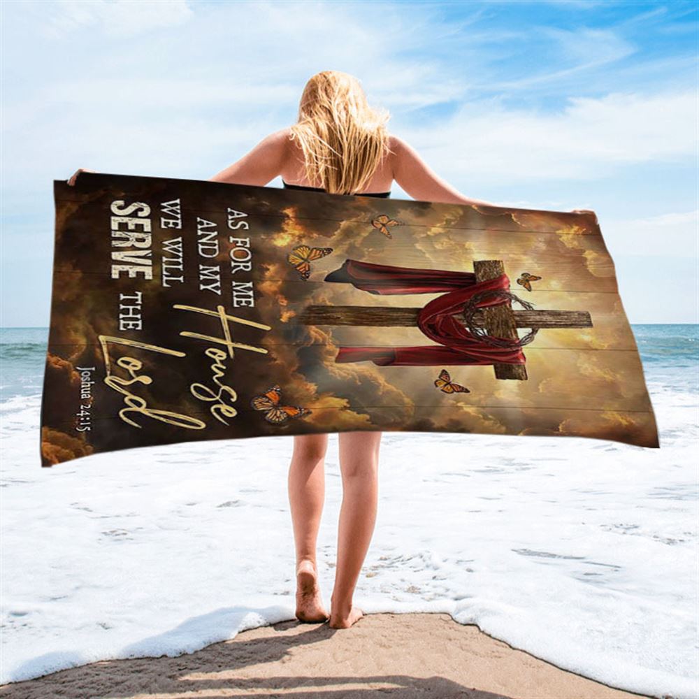 As For Me And My House Big Cross Butterfly Beach Towel - Christian Art - Bible Verse Beach Towel - Religious Beach Towel