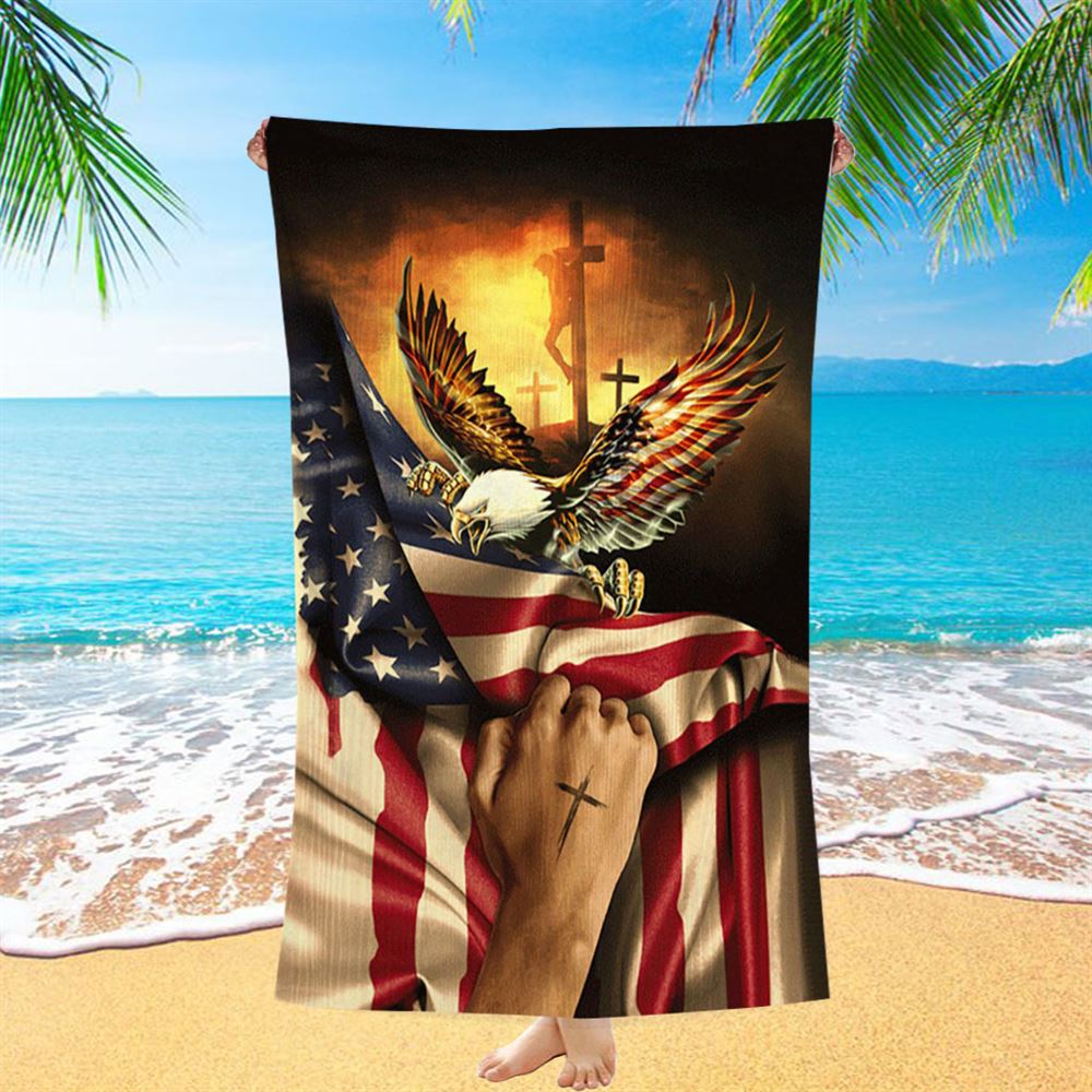 Bald Eagle American Flag Jesus Christ On Cross Take My Hand Beach Towel - Christian Beach Towel