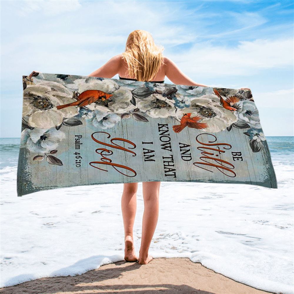 Be Still And Know That I Am God White Jasmine Pretty Cardinal Beach Towel - Bible Verse Beach Towel - Christian Inspirational Beach Towel