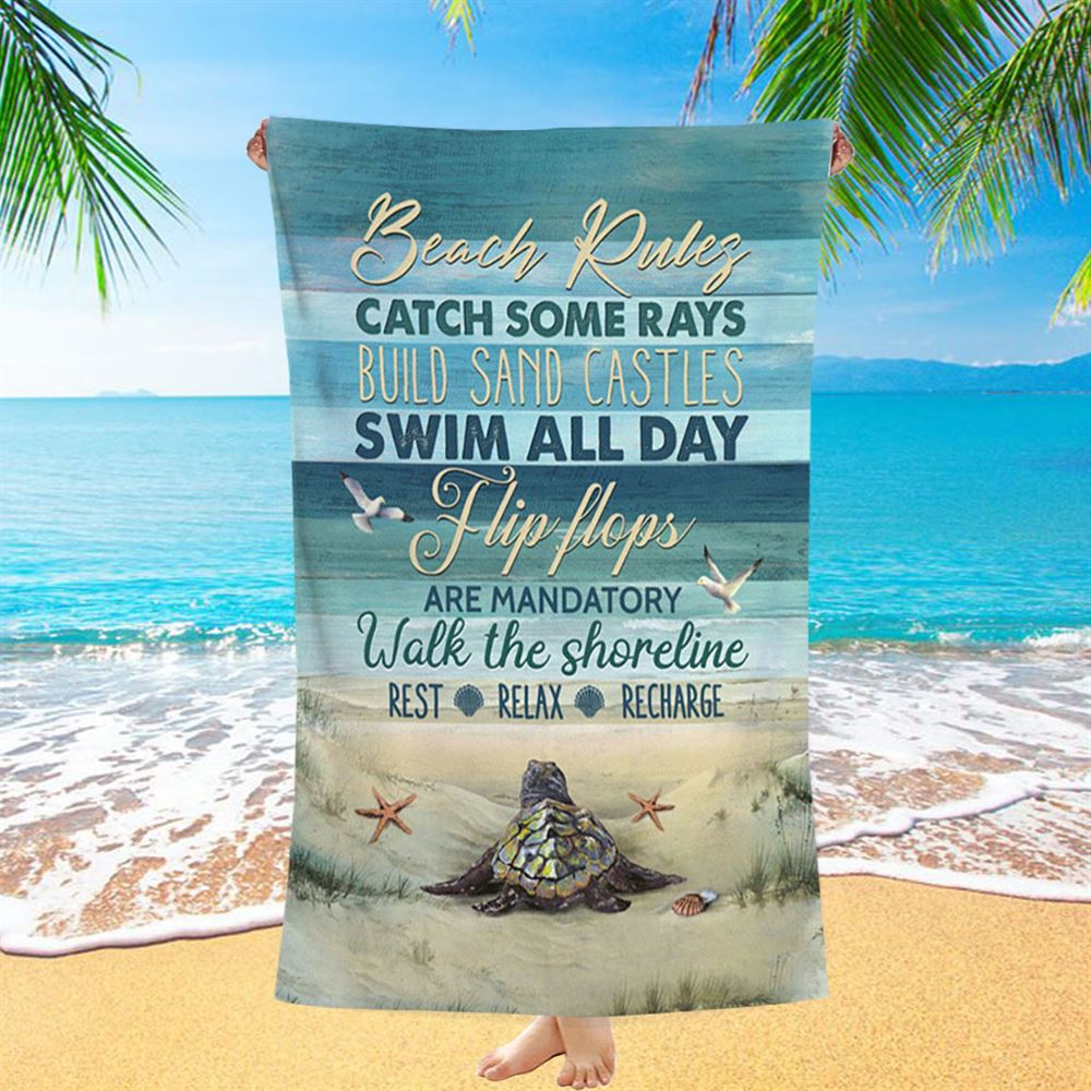 Beach Rules Baby Sea Turtle Sea Life Seagulls Beach Towel - Christian Beach Towel - Bible Verse Beach Towel