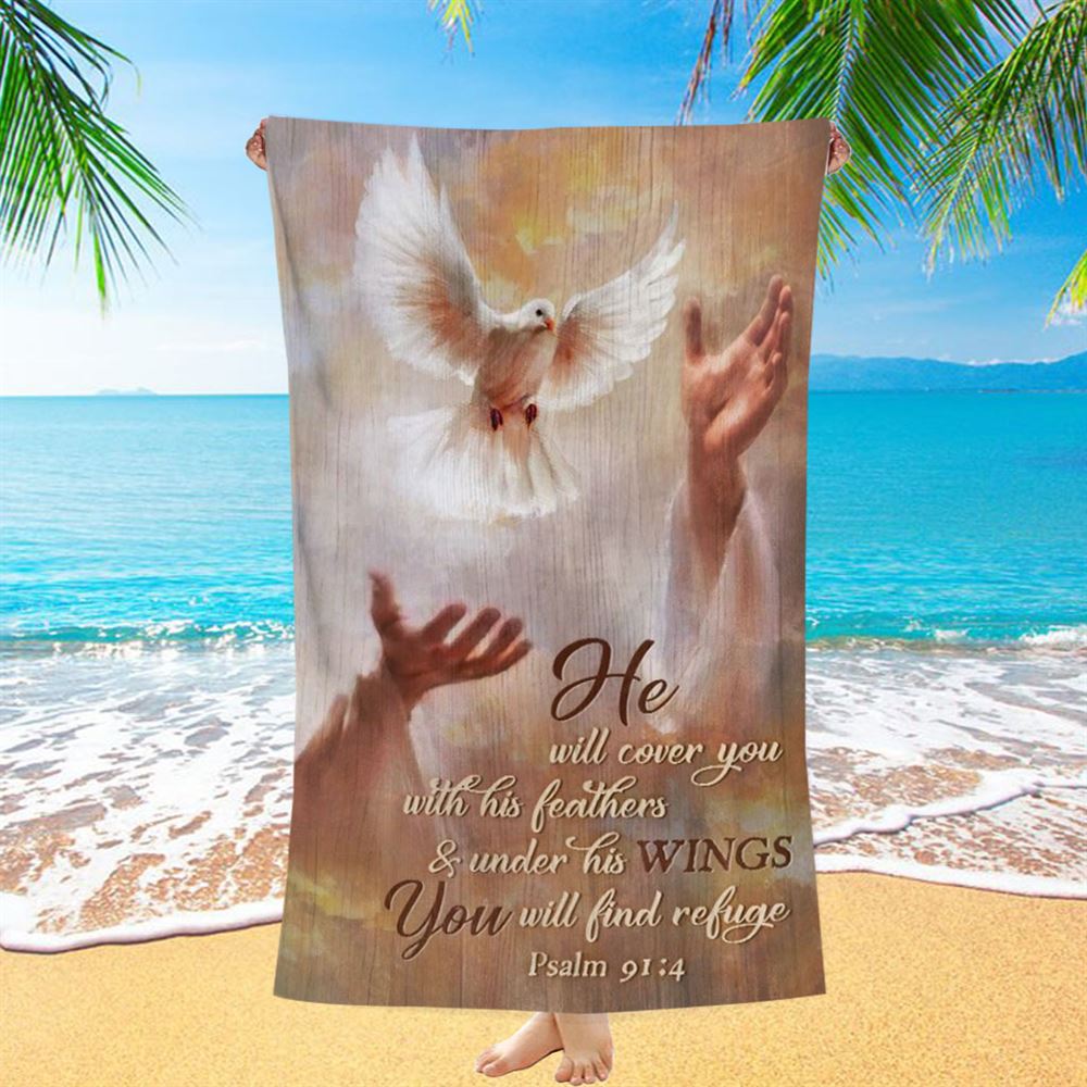 Beautiful Dove Drawing Jesus's Hand He Will Cover You With His Feathers Beach Towel, Christian Beach Towel, Christian Gift, Gift For Women