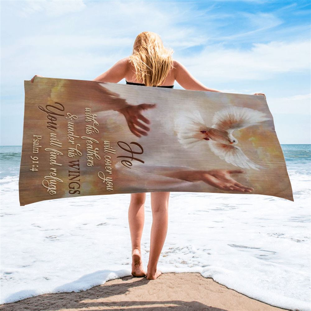 Beautiful Dove Drawing Jesus's Hand He Will Cover You With His Feathers Beach Towel, Christian Beach Towel, Christian Gift, Gift For Women