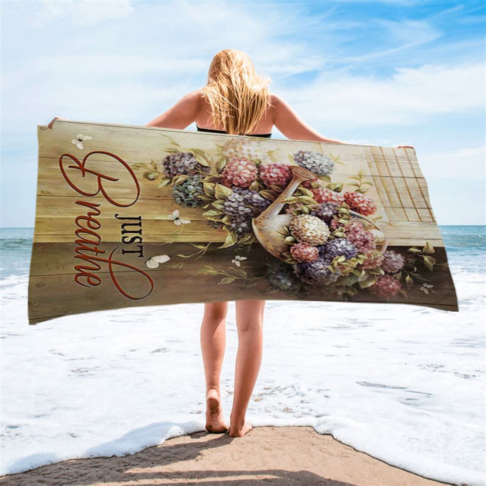 Beautiful Flowers White Butterfly Just Breathe Beach Towel - Bible Verse Beach Towel - Inspirational Art - Christian Beach Towel