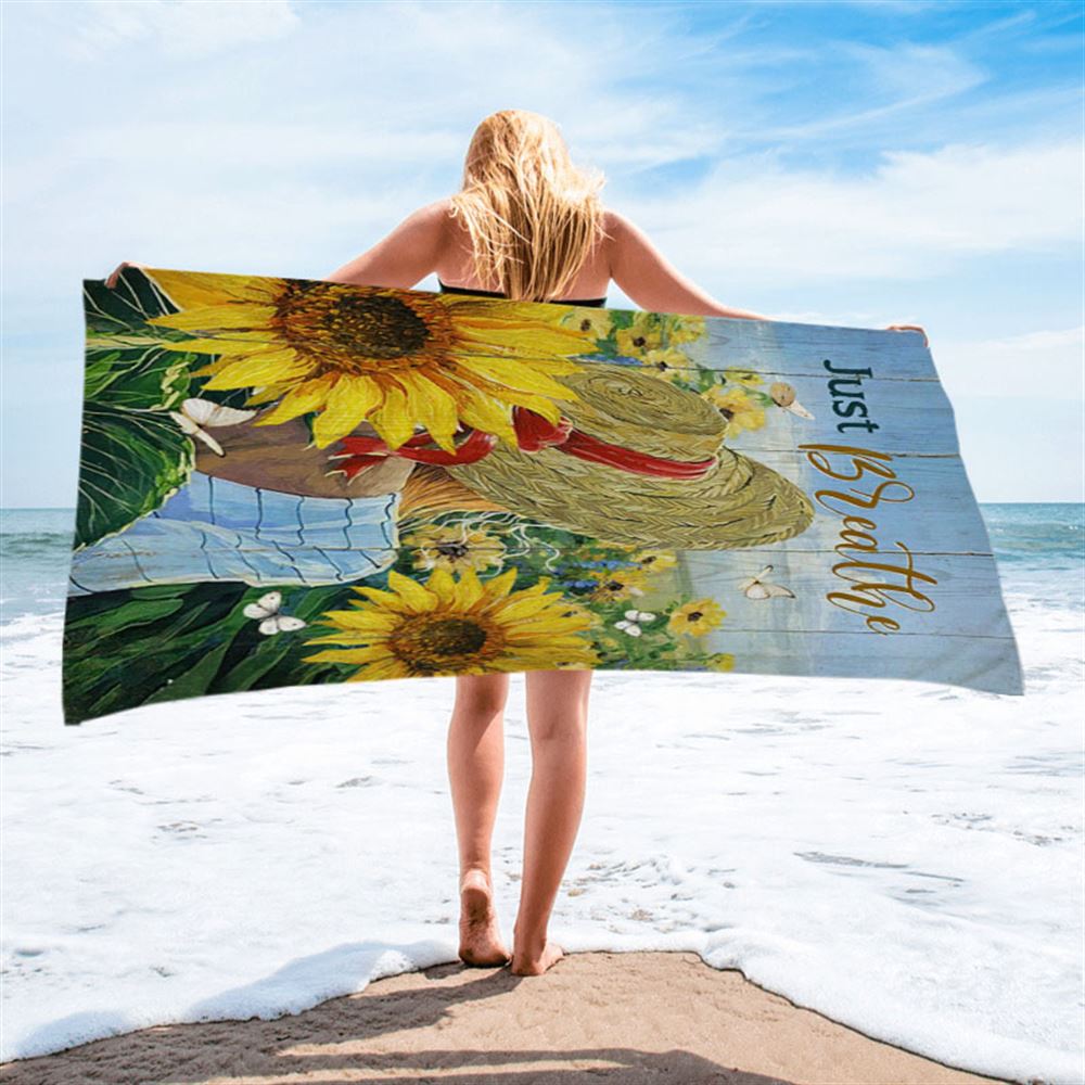 Beautiful Girl Sunflower Just Breathe Beach Towel - Christian Beach Towel - Bible Verse Beach Towel