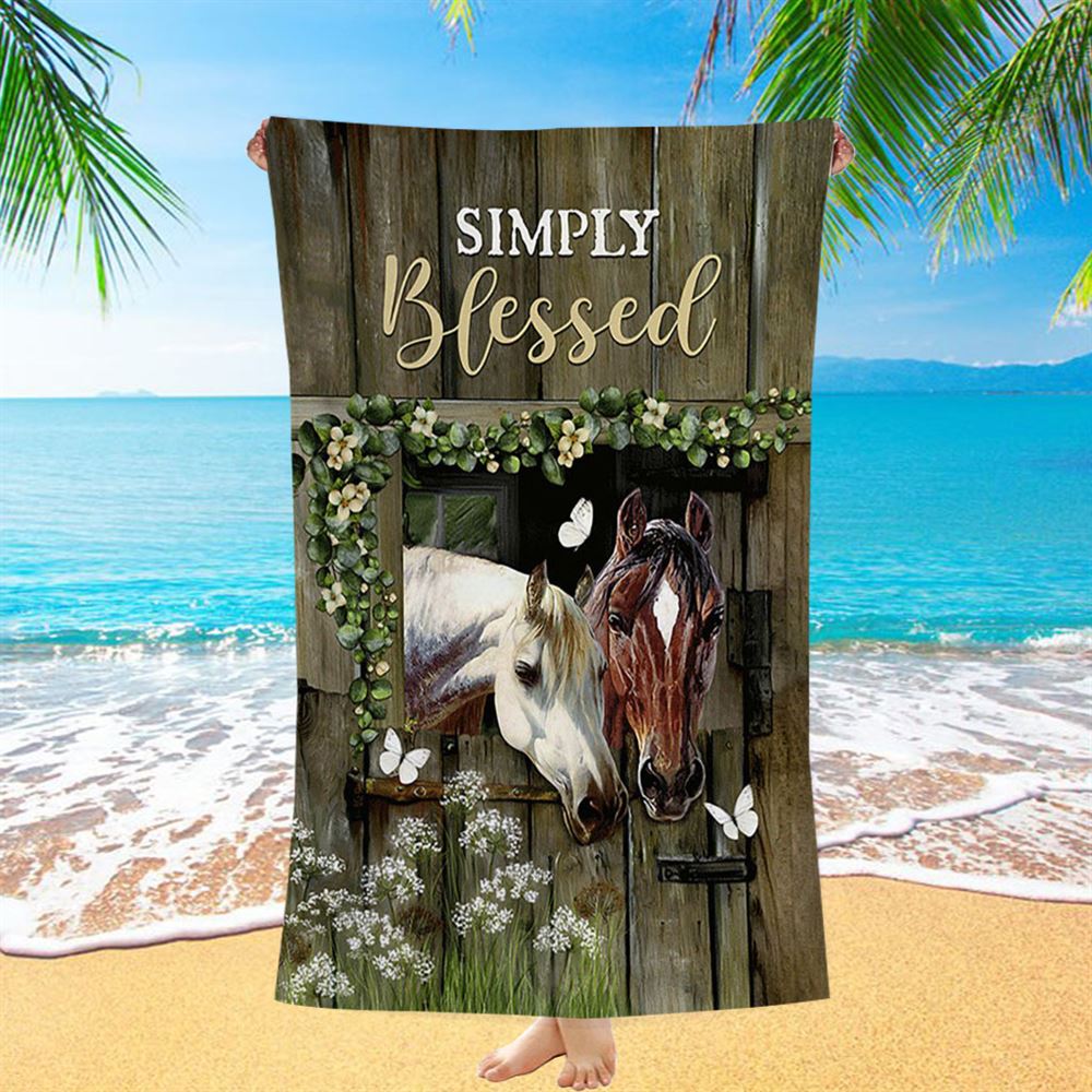 Beautiful Horse Simply Blessed Beach Towel - Bible Verse Beach Towel - Inspirational Art - Christian Beach Towel