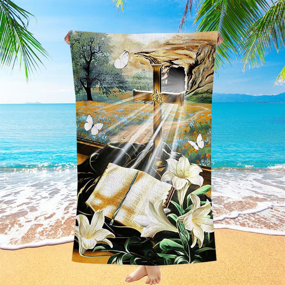 Bible Book Lily Flowers Golden Cross White Butterfly Beach Towel - Bible Verse Beach Towel - Inspirational Art - Christian Beach Towel