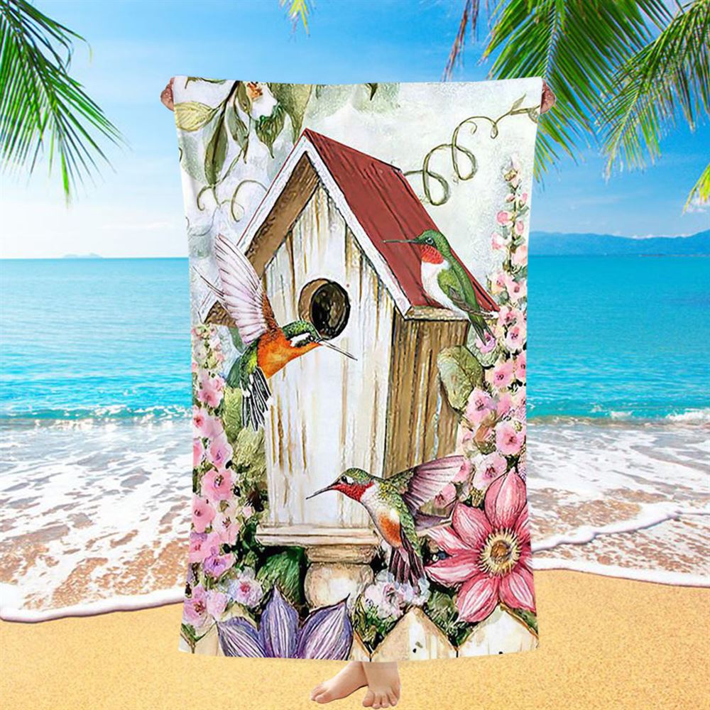 Birdhouse Hummingbird Pink Flower Garden Beach Towel - Christian Beach Towel - Bible Verse Beach Towel