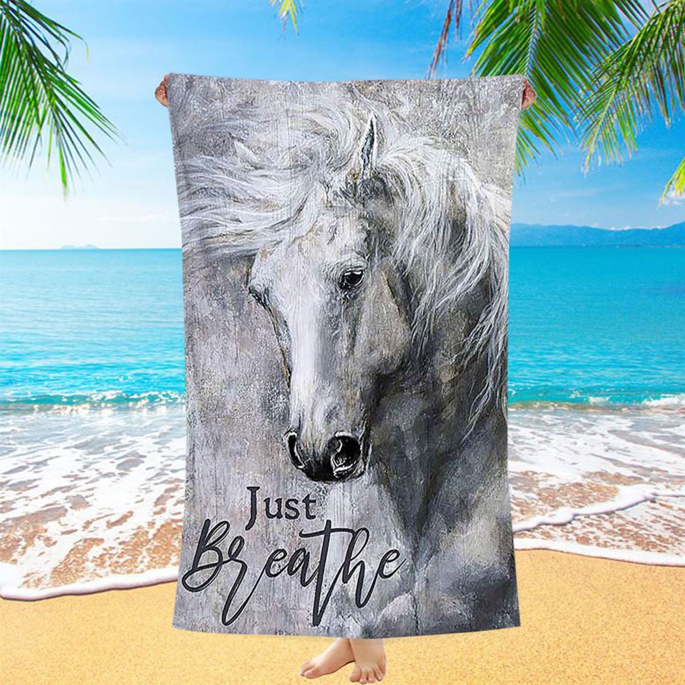 Black And White Horse Just Breathe Beach Towel - Christian Wall Beach Towel - Gift For Horse Lover