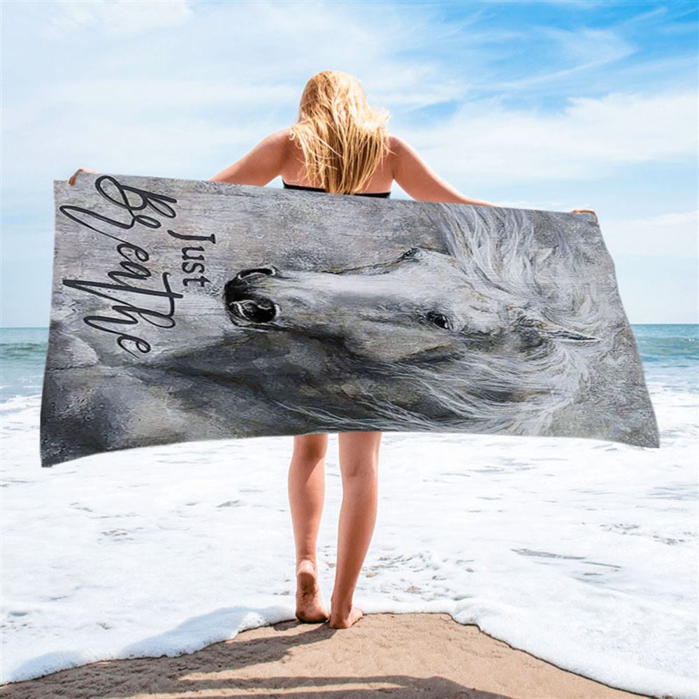 Black And White Horse Just Breathe Beach Towel - Christian Wall Beach Towel - Gift For Horse Lover