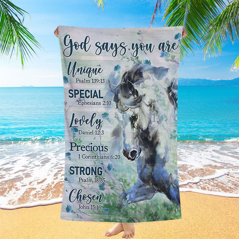 Blue Horse God Says You Are Unique Beach Towel - Bible Verse Beach Towel - Inspirational Art - Christian Beach Towel