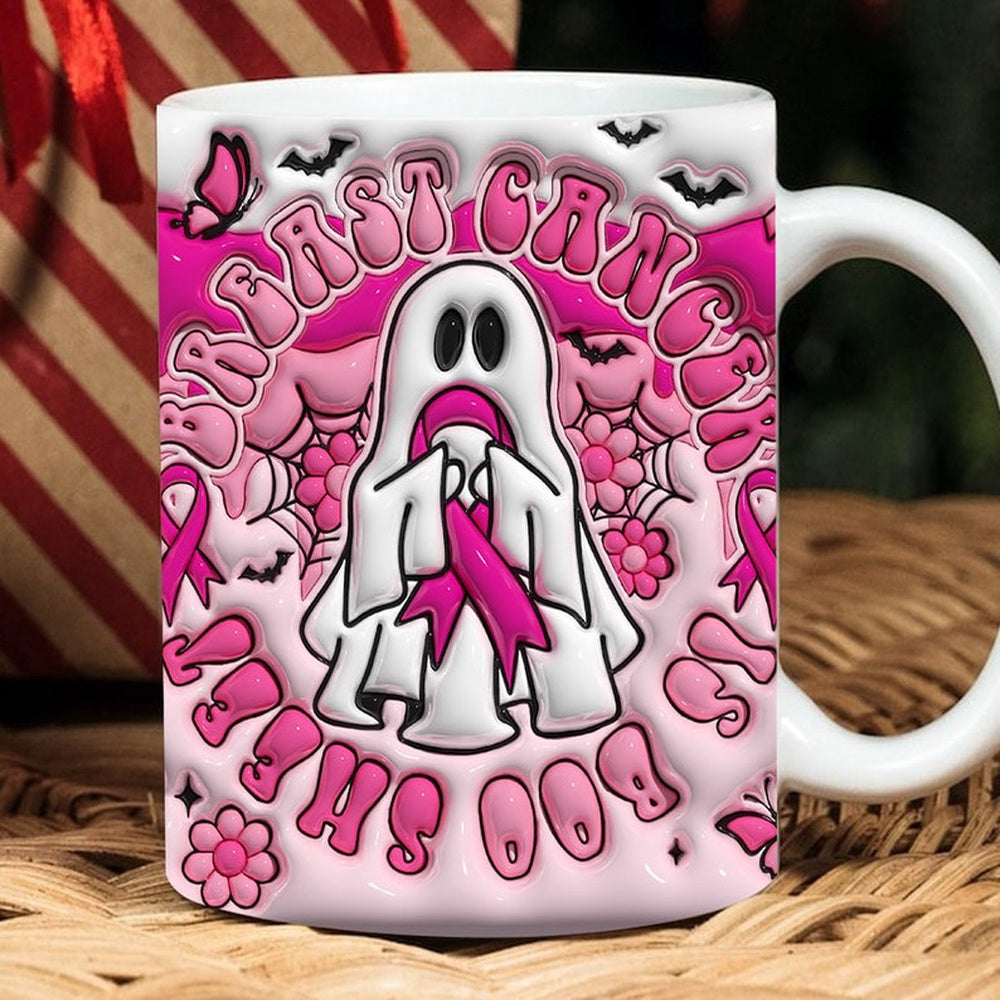 Breast Cancer Awareness Mug, 3D Inflated Halloween Boo Sheet Breast Cancer Mug, Breast Cancer Awareness 3D Inflated Mug