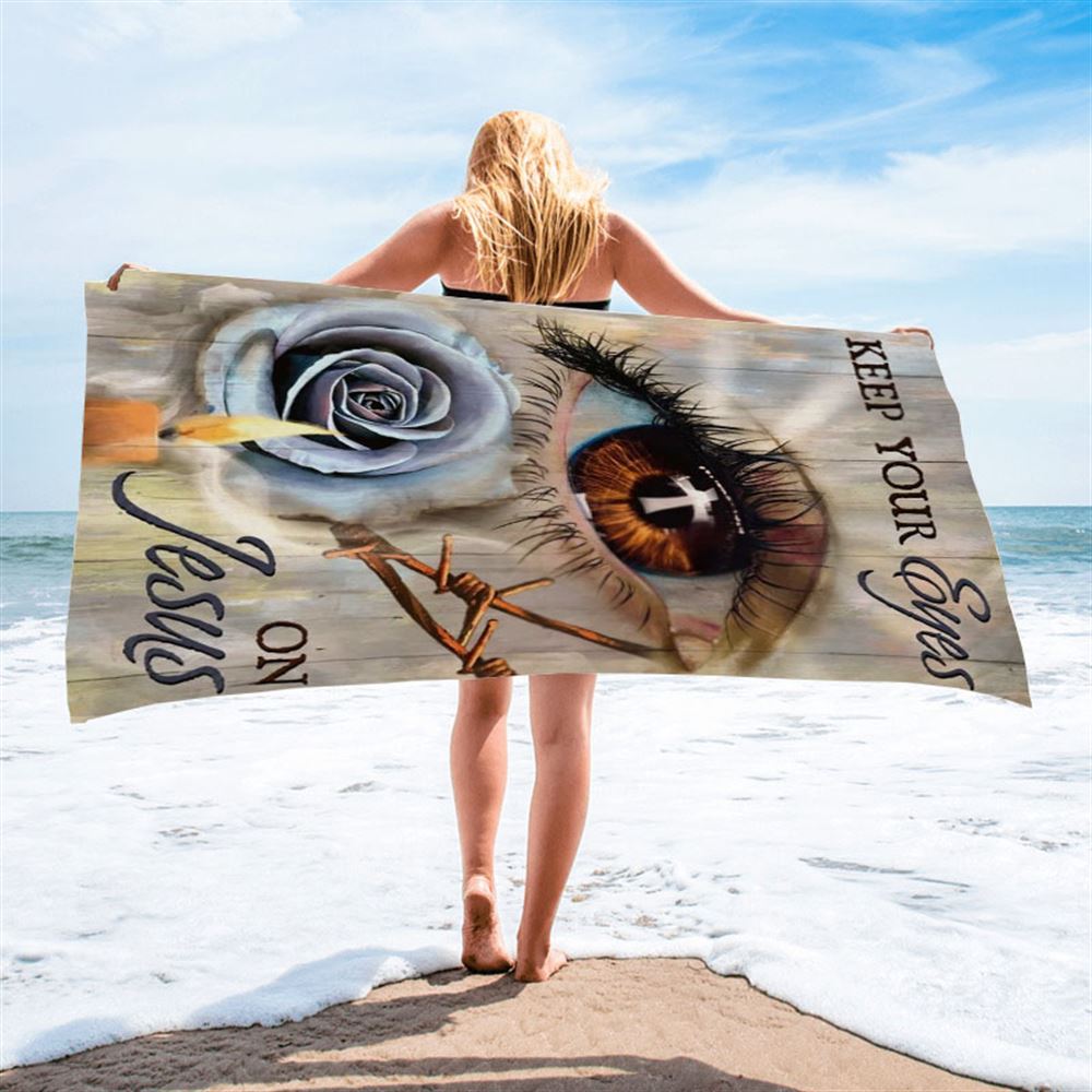 Brown Eye, Purple Rose, Candle Light, Keep Your Eyes On Jesus Beach Towel, Christian Beach Towel, Christian Gift, Gift For Women