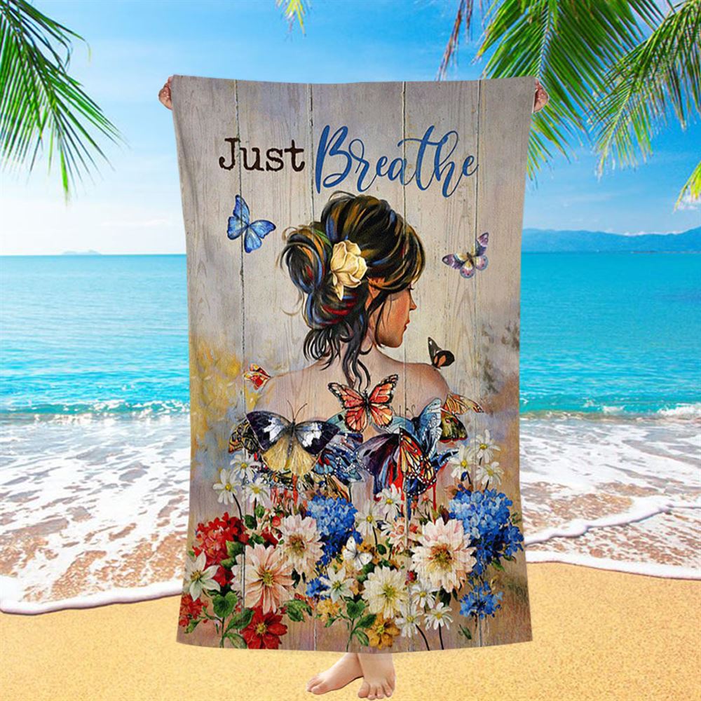 Butterfly Flowers Garden Just Breathe Beach Towel - Christian Beach Towel - Bible Verse Beach Towel