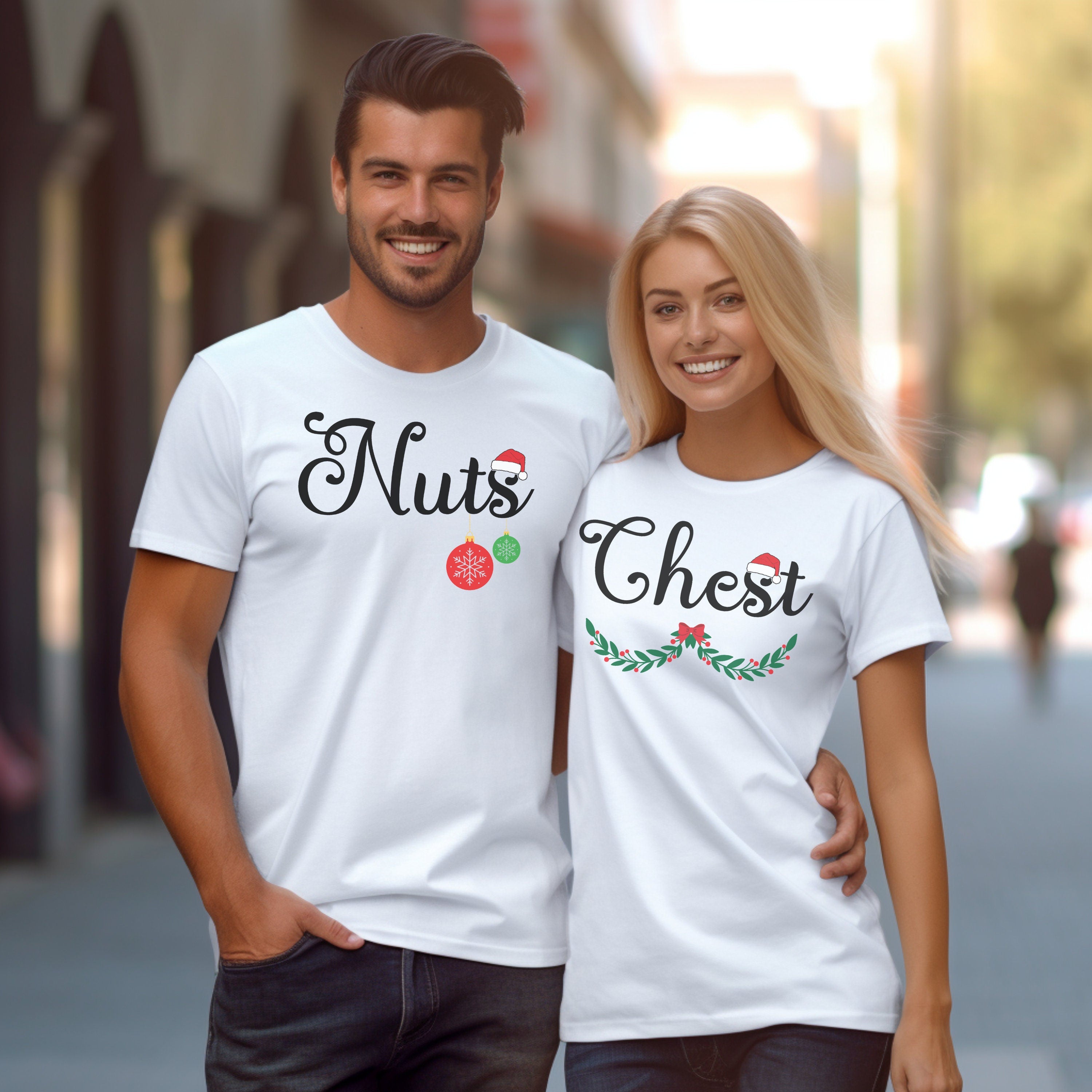 Chest and Nuts Couple T-Shirts, Christmas Couple T-Shirts, His and Her Gifts, Gift for Him, Gift for Her, Funny Tees White