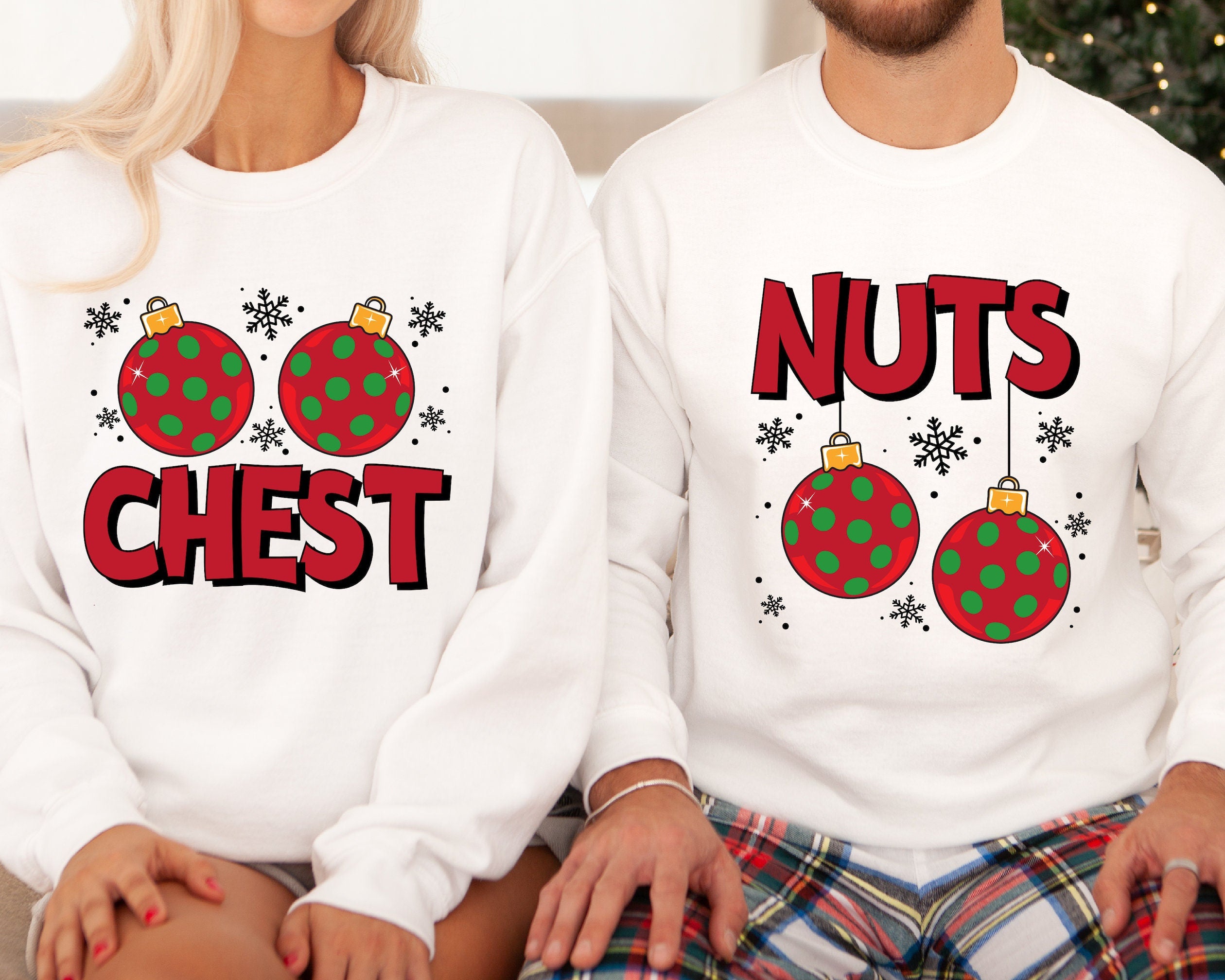 Chest Nuts Christmas Couple Shirts, Funny Christmas, Adult Christmas, Matching Shirts V2 White