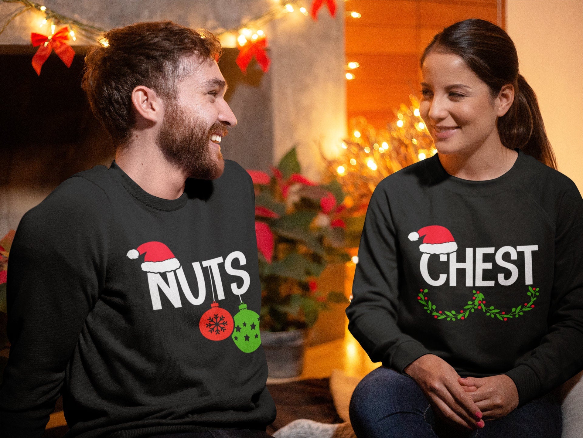 Chest Nuts Christmas Couple Shirts, Funny Christmas, Adult Christmas, Matching Shirts V2 White