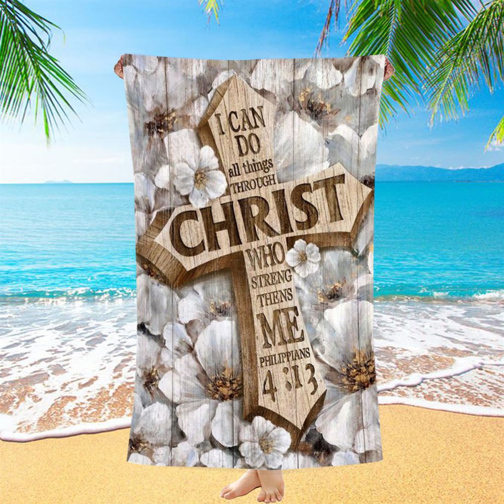 Camellia Flower, Jesus Cross, I Can Do All Things Beach Towel, Christian Beach Towel, Christian Gift, Gift For Women