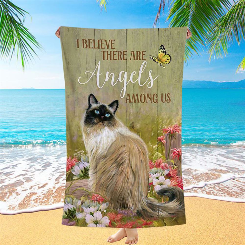 Cat Pink Flower Garden - I Believe There Are Angels Among Us Beach Towel - Christian Beach Towel