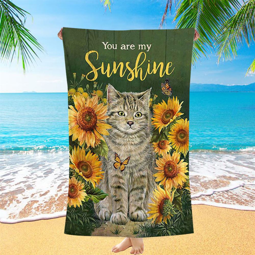 Cat Sunflower Garden Green Background - You Are My Sunshine Beach Towel - Christian Beach Towel