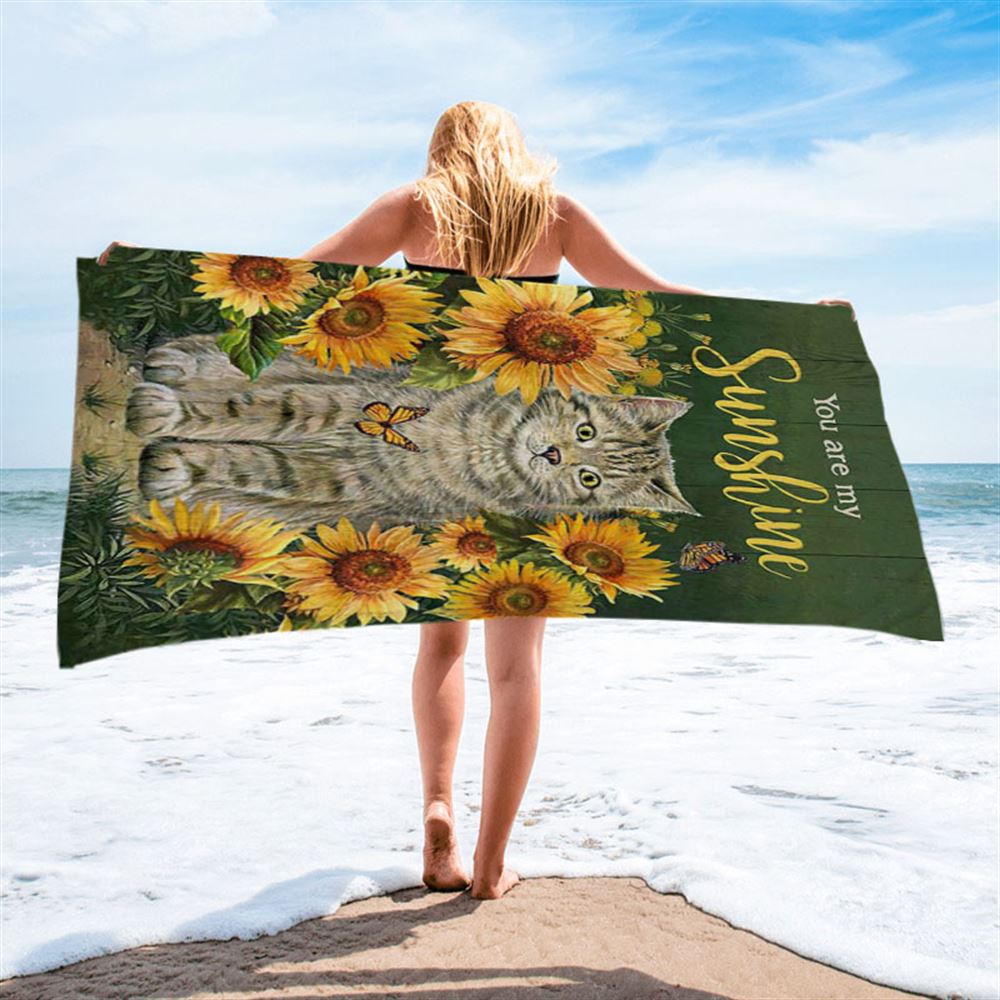 Cat Sunflower Garden Green Background - You Are My Sunshine Beach Towel - Christian Beach Towel