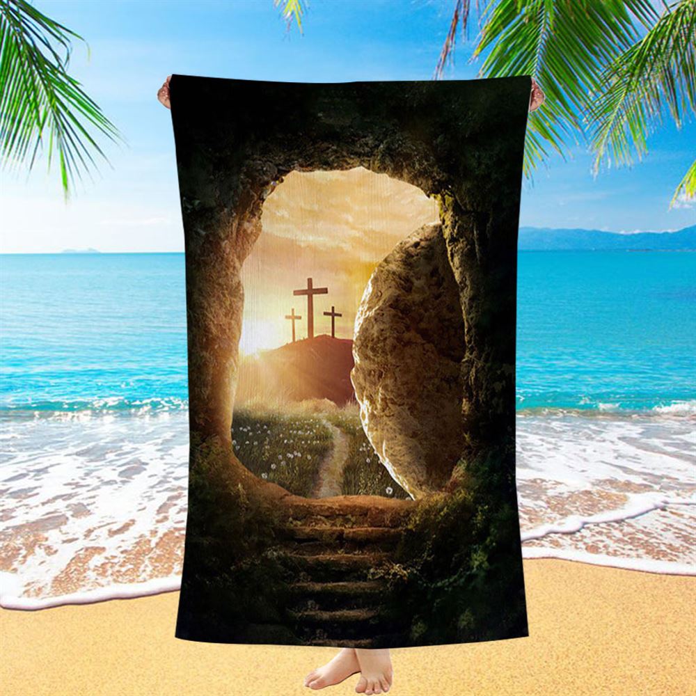 Cave Sunrise Three Crosses The Path To Paradise Beach Towel - Christian Beach Towel - Bible Verse Beach Towel