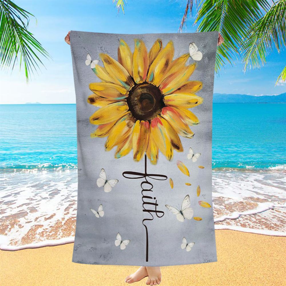 Christian Faith Cross Butterfly Sunflower Beach Towel - Bible Verse Beach Towel - Scripture Beach Towel