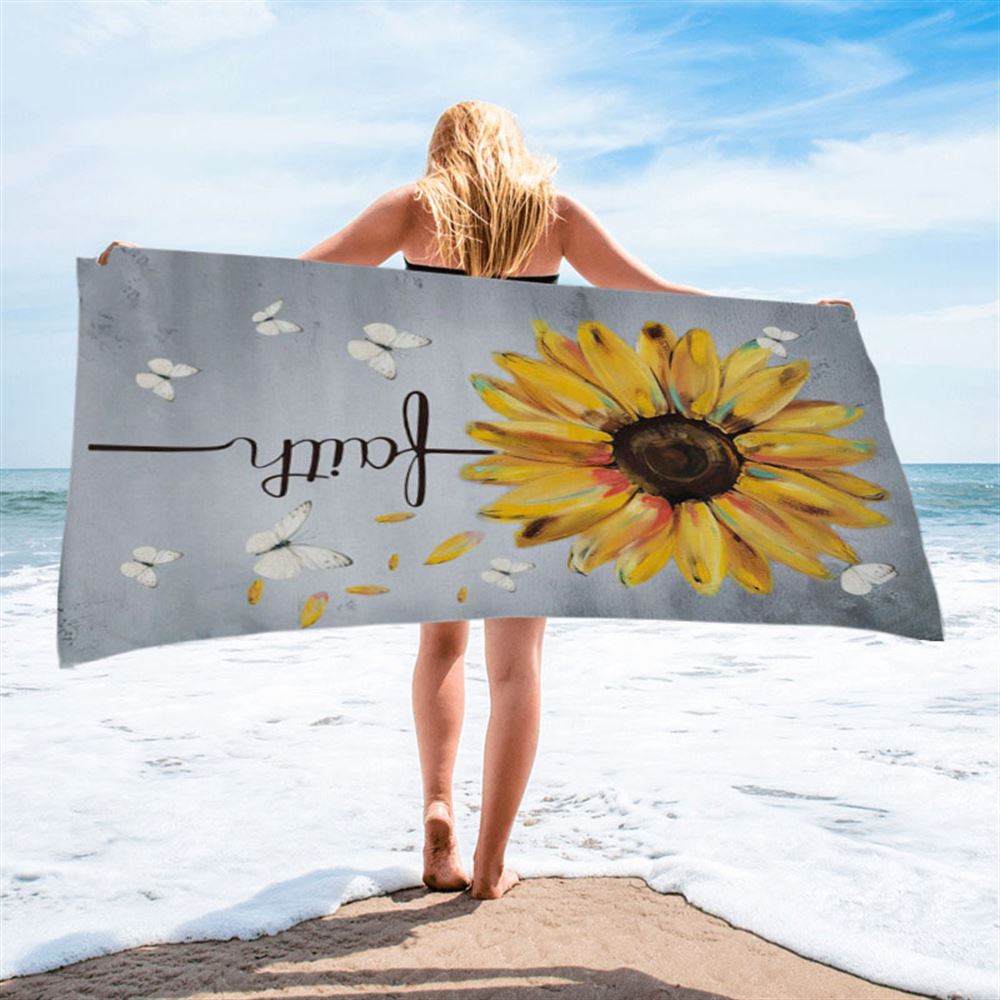 Christian Faith Cross Butterfly Sunflower Beach Towel - Bible Verse Beach Towel - Scripture Beach Towel