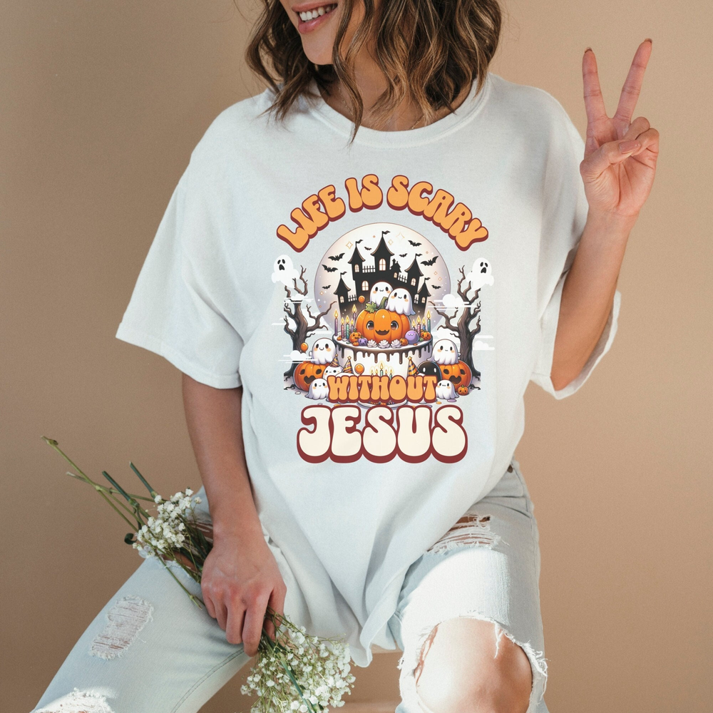 Christian Halloween Shirts, Life Is Scary Without Jesus, Cute Ghost and Pumpkins Shirt,Womens Fall Christian Tee,Fall Religious Shirt,Autumn