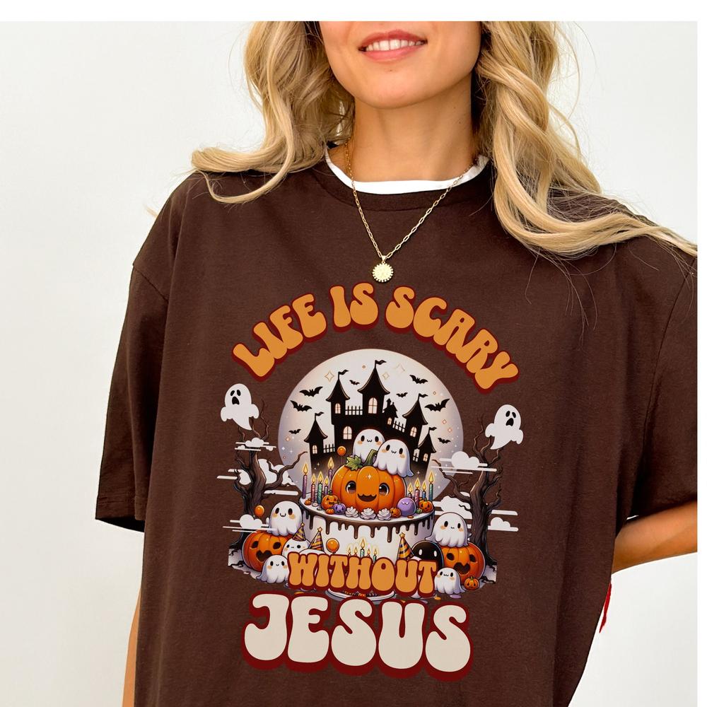 Christian Halloween Shirts, Life Is Scary Without Jesus, Cute Ghost and Pumpkins Shirt,Womens Fall Christian Tee,Fall Religious Shirt,Autumn