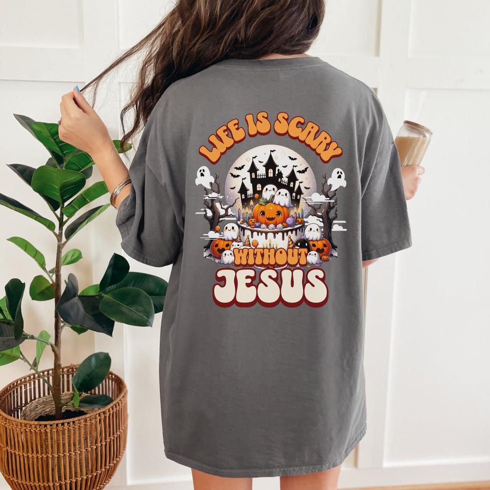 Christian Halloween Shirts, Life Is Scary Without Jesus, Cute Ghost and Pumpkins Shirt,Womens Fall Christian Tee,Fall Religious Shirt,Autumn