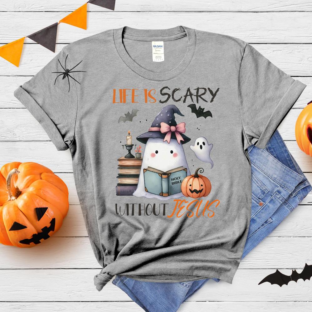 Christian Halloween Tee 'Life is Scary Without Jesus', Short Sleeve, Faith-Inspired, Spooky Fun, Perfect for October, gift of love