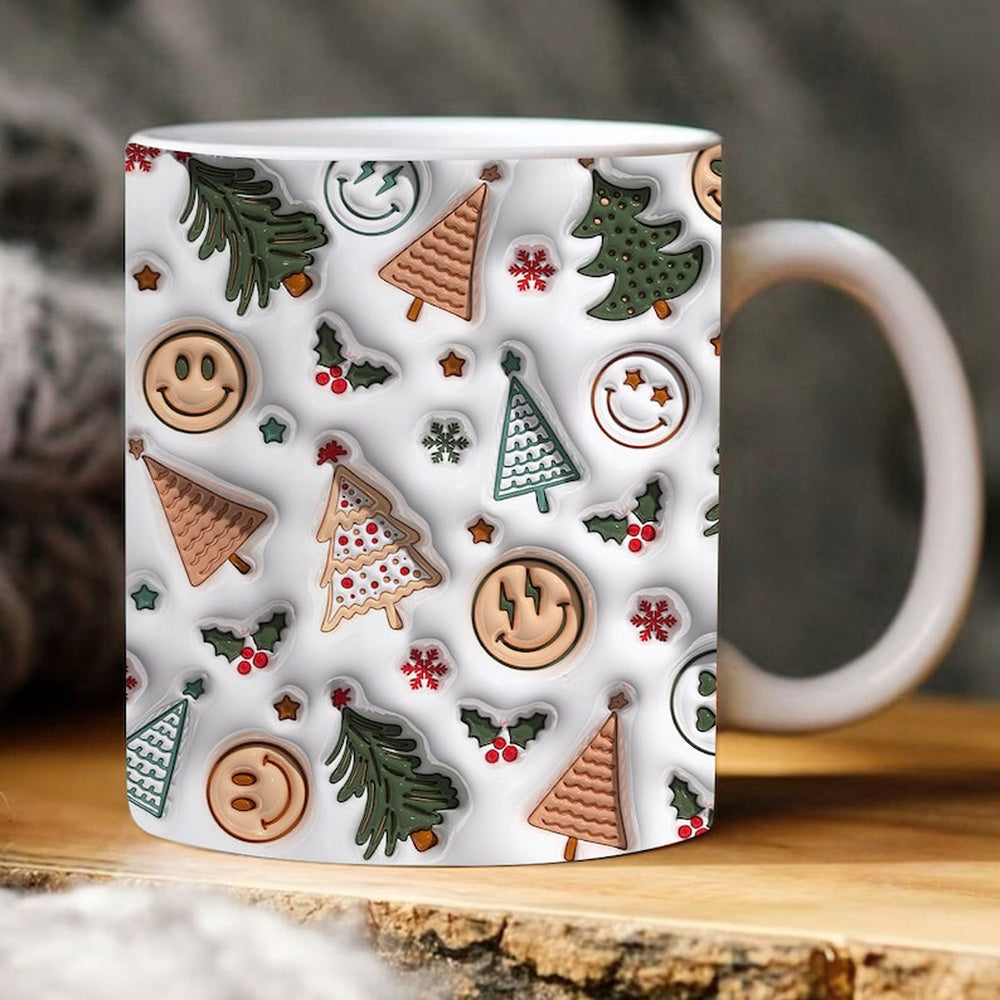 Christmas 3D Mug, 3D Boho Christmas Tree Inflated Mug, Smiley Face Puff, 3D, Santa Mug, Gift For Christmas