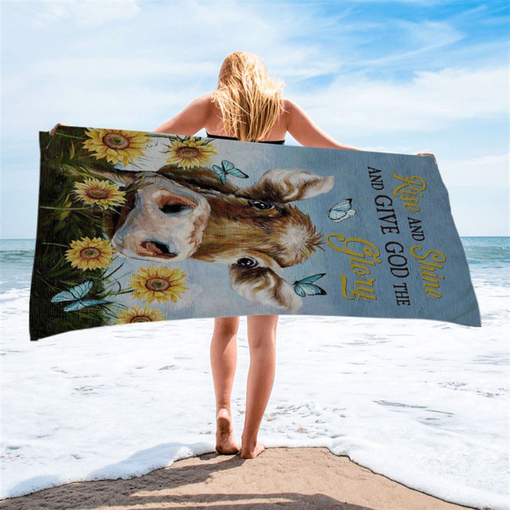 Cow Sunflower Field Rise And Shine Beach Towel - Christian Art - Bible Verse Beach Towel - Religious Beach Towel