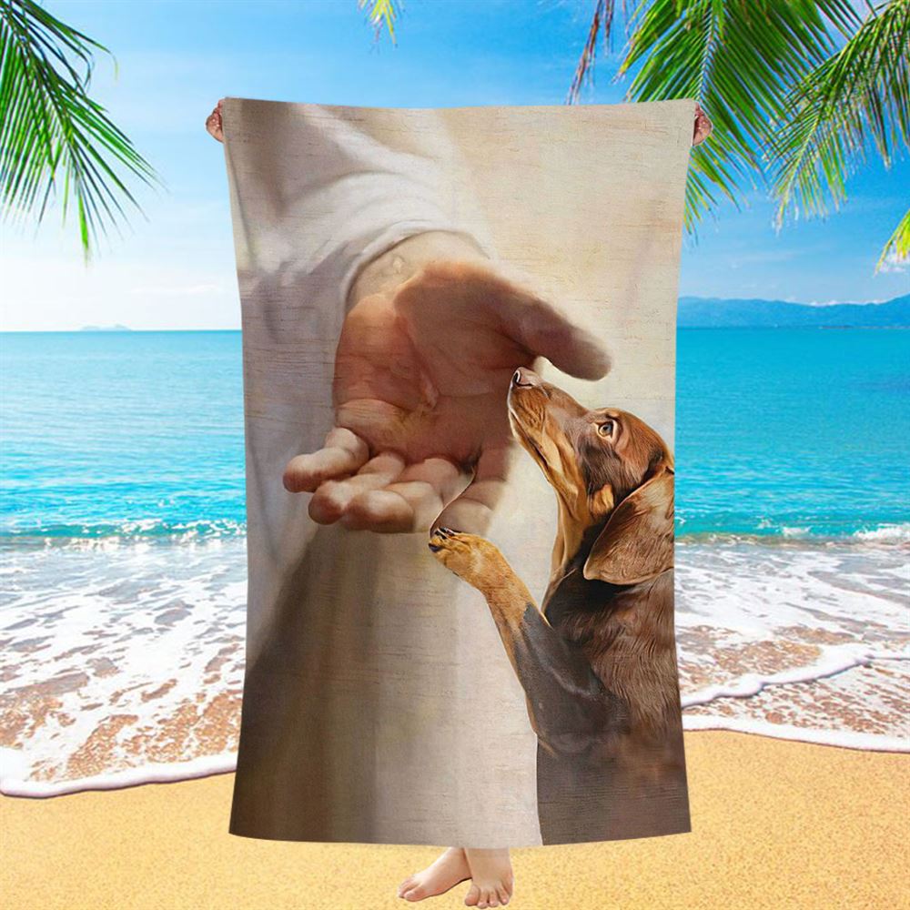 Dachshund Handshake With Jesus Beach Towel - Jesus Beach Towel - Christian Beach Towel